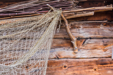 Fishing old network on wooden wall background