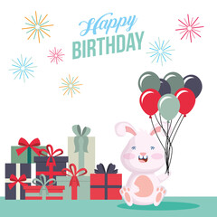 happy birthday card with rabbit and gifts party scene