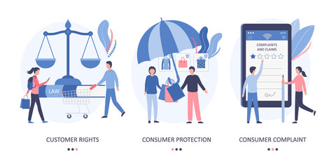 The concept of consumer rights, consumer protection law, customer complaint and negative feedback on the purchased product or service. Scales of justice, umbrella, online shopping. Flat vector.