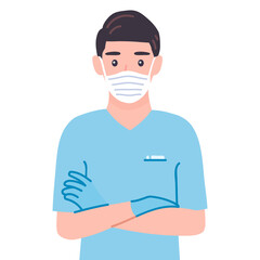 Doctor standing with arms crossed, wearing protective medical mask and gloves for prevent corona virus Covid-19