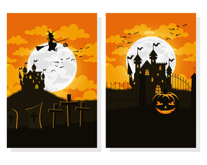 happy halloween card with haunted houses and witch flying scenes