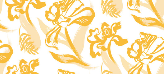 seamless pattern with yellow tulips on a white background for textiles