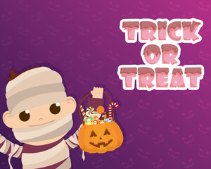 happy halloween card trick of treat lettering and mummy character
