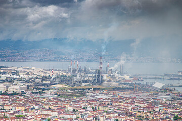 Oil refinery factory on the sea in Izmit, Turkey. Petrochemical plant structure on manufacturing...