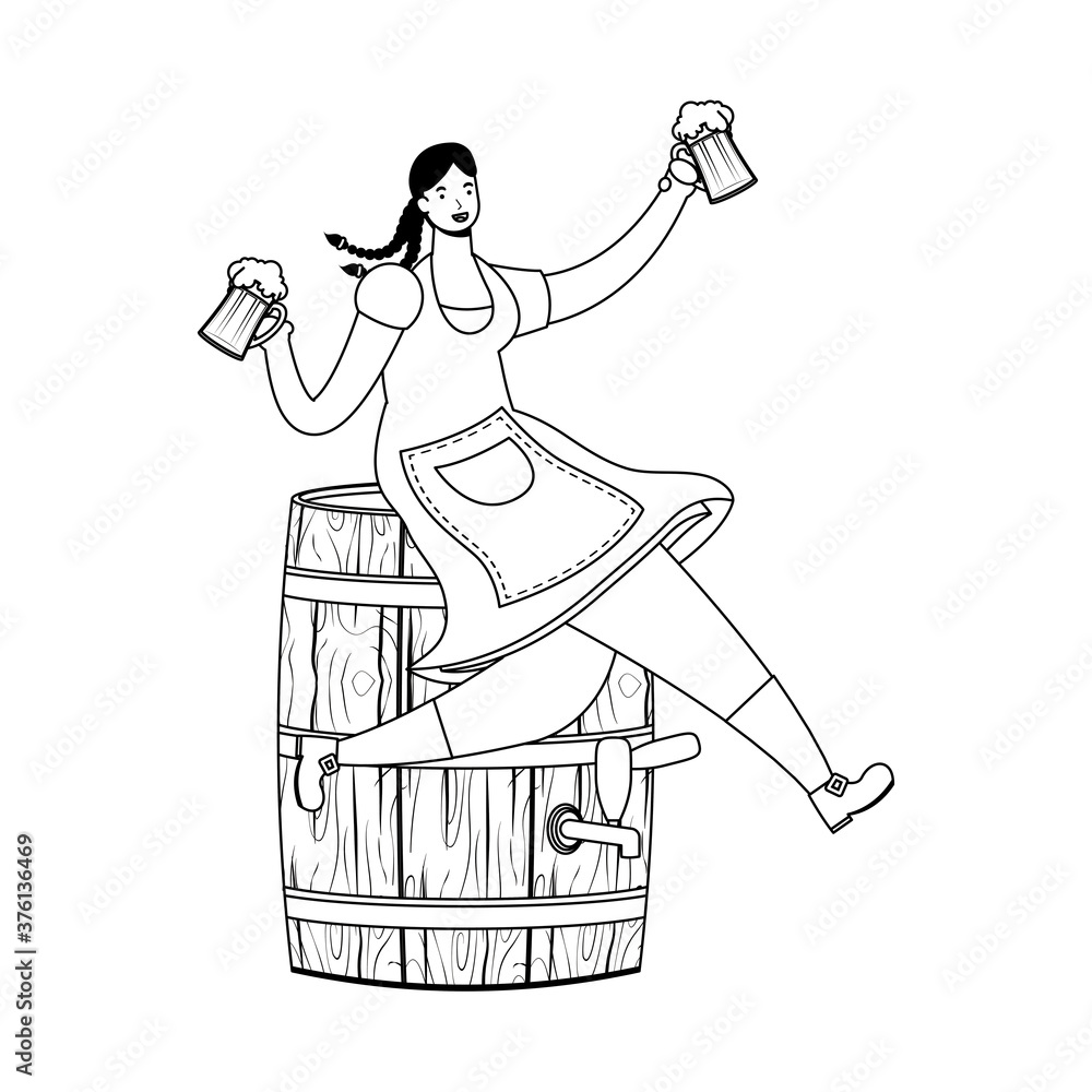 Canvas Prints beautiful german woman drinking beers seated in barrel line style