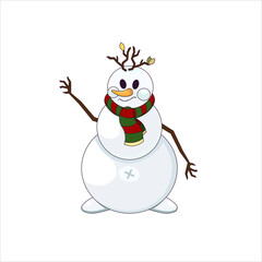 Male snowman with a scarf in Cartoon design style, vector stock illustration on white isolated background, concept of Winter, Snow, Merry Christmas or New Year, Seasonal Pastime and Activities.