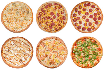 Fototapeta na wymiar Set of pizzas isolated on white background. Top view