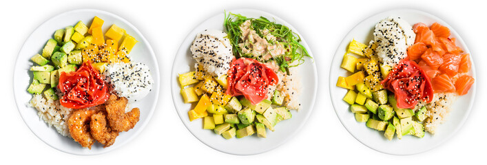 Healthy eating. Set of salad with avocado, mango, salmon, cheese, isolated on a white background.