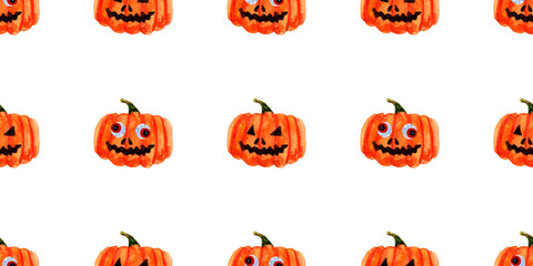 Halloween pumpkins with red eyes and scary smile on white background. Seamless watercolor pattern for fabric, textile, wrapping paper.