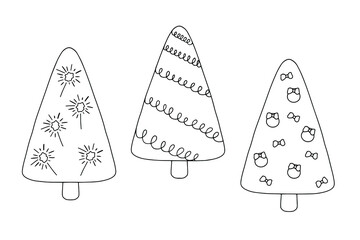 Simple hand drawn in doodle style Christmas tree set vector outline illustration for coloring book wintertime happy holidays celebration