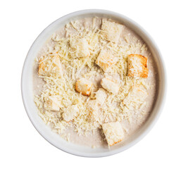 Mushroom soup puree with croutons and cheese isolated on white background. Top view