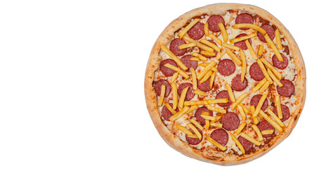 Pizza pepperoni with potato isolated on white background. Top view.