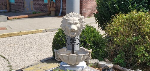 Lions Head. Mini fountain on flag pole at bush terminal Brooklyn