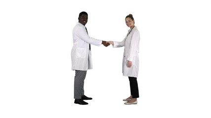 Doctors shaking hands and posing to camera on white background.