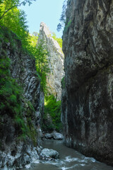 A canyon with vertical cliffs in Ramet Gorges, Carpathia, Romania