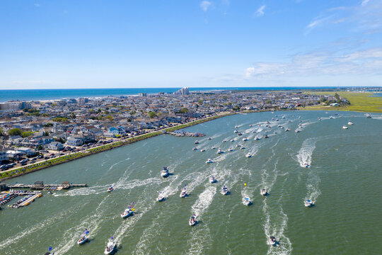 Trump Boaters South Jersey parade through Wildwood New Jersey aerial drone view- Wildwood Crest, NJ, USA - September 5 2020