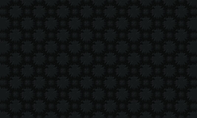 Trendy background pattern of geometric abstract flowers with indented outline. Vector graphics on a black background.