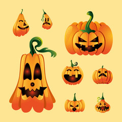 set of icons with pumpkins face for halloween