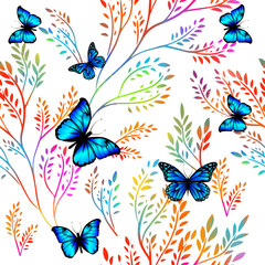 Fototapeta na wymiar Butterflies with colorful twigs. Seamless background. Mixed media. Vector illustration
