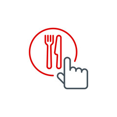 mobile app icon online order and food delivery banner isolated on white background. outline app symbol food order cursor hand with knife and fork. Quality element select nutrition with editable Stroke