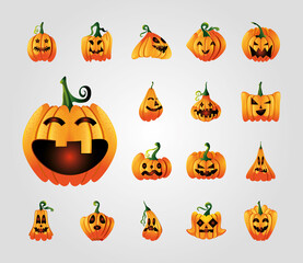 collection of icons with pumpkins face for halloween
