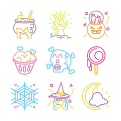 set of icons in neon light for halloween