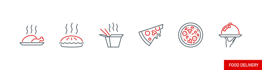 mobile app icons set online order and food delivery banner isolated on white. outline app symbols fast food: pizza, wok noodles in paper box, pie, chicken turkey. Quality elements with editable Stroke
