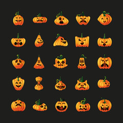 set of icons with pumpkins face for halloween on black background