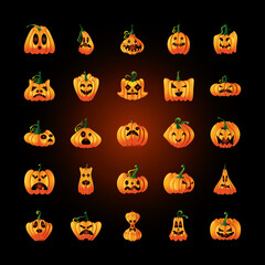 bundle of icons with pumpkins face for halloween on black background