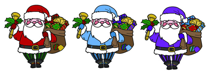 Vector illustration. Hand drawing cartoon character. Santa claus with gifts. Christmas illustration.  Postcard Happy New Year and Merry Christmas.