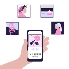 Online museum, exhibition, 
excursion at smartphone. Virtual tour to art gallery. Concept of web tourism while staying home. Vector illustration in flat style