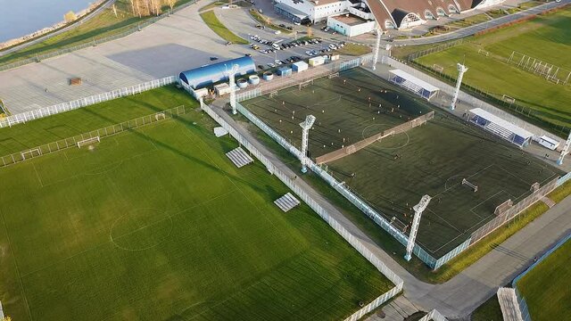 Soccer field. Football training complex. Team training 2.7K Aerial panorama