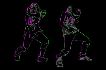 Two girls in clothes are dancing a modern dance. Rough linear sketch. On a black background, pink-green neon. Vector illustration.