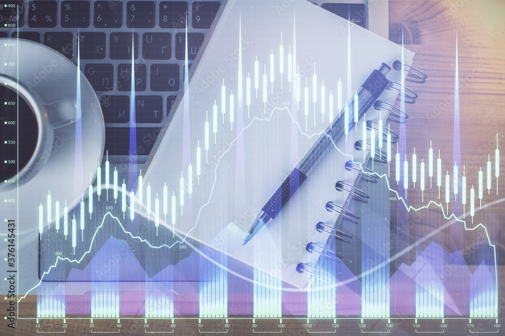 Wall mural multi exposure of forex chart drawing and work table top veiw. concept of financial analysis.