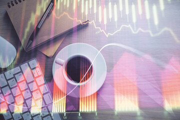 Multi exposure of forex chart drawing and work table top veiw. Concept of financial analysis.