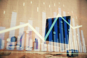 Double exposure of stock market graph drawing and office interior background. Concept of financial analysis.