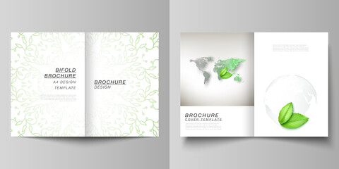 Fototapeta premium Vector layout of two A4 format cover mockups design templates for bifold brochure, flyer, cover design, book design, brochure cover. Save Earth planet concept. Sustainable development global concept.