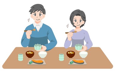 楽しく食事をする中年夫婦のイラスト