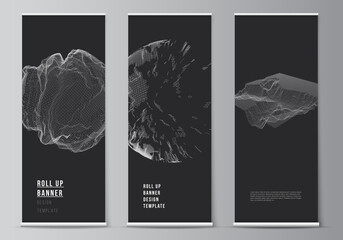 Vector layout of roll up mockup templates for vertical flyers, flags design templates, banner stands, advertising. Abstract 3d digital backgrounds for futuristic minimal technology concept design.