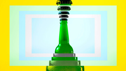 Light beer in a green bottle in a curly frame with colorful flowers,open a bottle of beer with a...
