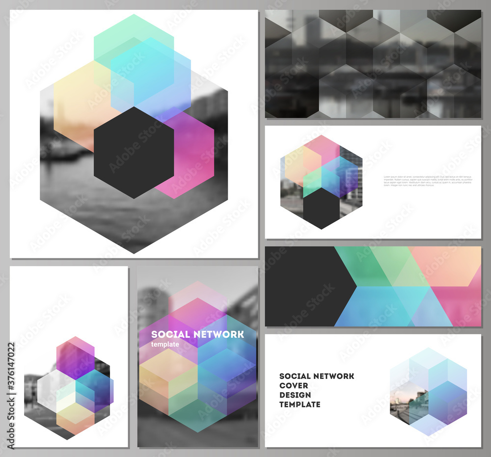 Poster vector layouts of modern social network mockups in popular formats with colorful hexagons, geometric