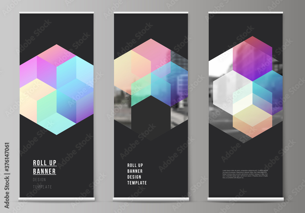 Aufkleber vector layout of roll up mockup design templates with colorful hexagons, geometric shapes, tech back
