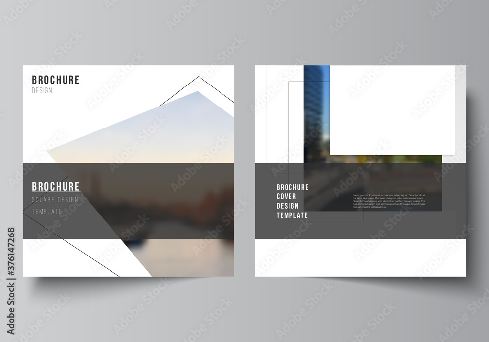 Poster vector layout of two square format covers design templates with geometric simple shapes, lines and p
