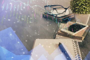 Double exposure of forex chart drawing and cell phone background. Concept of financial trading