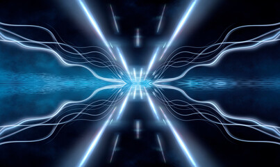 Abstract dark futuristic blue night background. Rays and lines, lightning, lights. Blue neon light, symmetrical reflection in water, futuristic landscape, stage. 3D illustration.