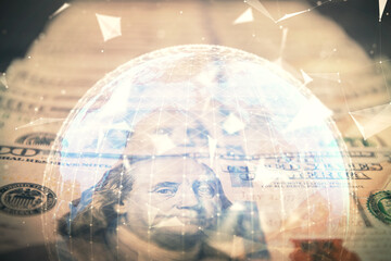 Multi exposure of business theme drawing over us dollars bill background. Concept of financial success.