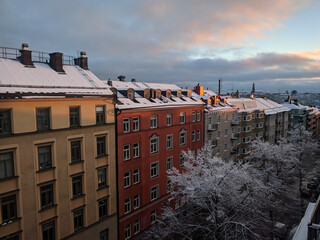 Colorful building of Kungsholmen district in winter, Stockholm, Sweden.