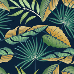 Tropical leaves seamless pattern on dark background.