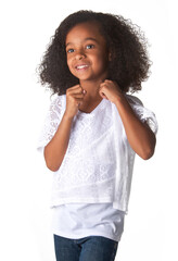 Smiling happy little girl with beautiful curly frizzy hair