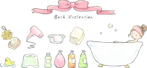 入浴する女性とバス用品のイラストセット